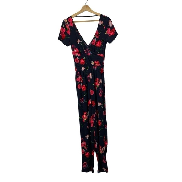 Express Pants - Express Navy Blue Neon Pink Floral Short Sleeve Straight Leg Jumpsuit XS